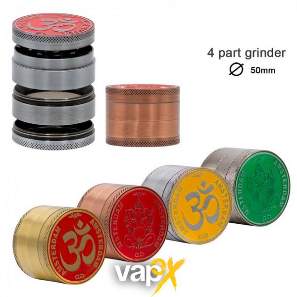 Гріндер металевий Amsterdam | Rainbow Mix Grinder with Ganash and OM logo 4part- 50mm 098754 Фото Інтернет магазина Кальянів - Вейпікс